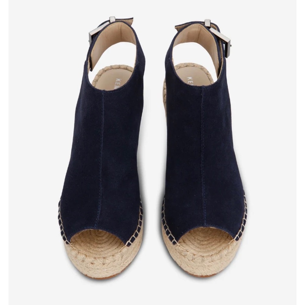 Kenneth Cole Navy Blue Suede Espadrille Wedge Platform Sandals Open Toe Buckle